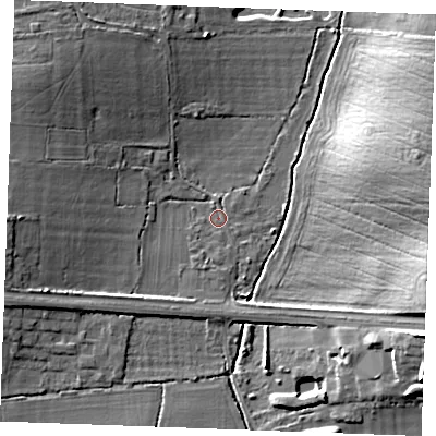 Shaded relief map of the ground around SS129LE, computed from Environment Agency LiDAR. The ground here sits at about 12 m above sea level and falls 14 m across the surrounding 800 m. Surface water reaching this point runs off ground lying to the south-south-west, 1.4 m higher.