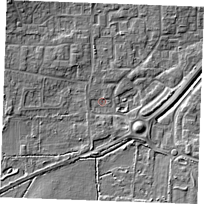 Shaded relief map of the ground around SS129LP, computed from Environment Agency LiDAR. The ground here sits at about 9 m above sea level and falls 8 m across the surrounding 800 m. Surface water reaching this point runs off ground lying to the north-west, 2.4 m higher.