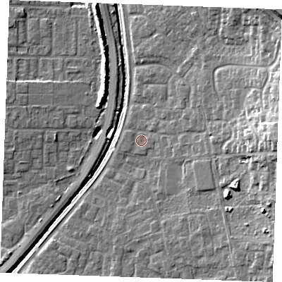 Shaded relief map of the ground around SS129NY, computed from Environment Agency LiDAR. The ground here sits at about 8 m above sea level and falls 18 m across the surrounding 800 m. Surface water reaching this point runs off ground lying to the east, 14.9 m higher.