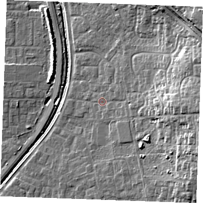 Shaded relief map of the ground around SS129PR, computed from Environment Agency LiDAR. The ground here sits at about 10 m above sea level and falls 22 m across the surrounding 800 m. Surface water reaching this point runs off ground lying to the east, 14.8 m higher.