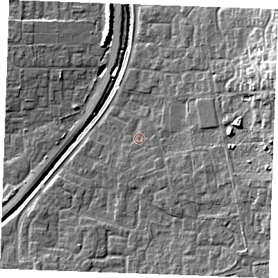 Shaded relief map of the ground around SS129PW, computed from Environment Agency LiDAR. The ground here sits at about 9 m above sea level and falls 18 m across the surrounding 800 m. Surface water reaching this point runs off ground lying to the east-south-east, 1.1 m higher.