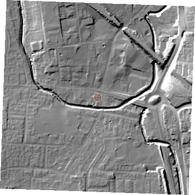 Shaded relief map of the ground around SS129RZ, computed from Environment Agency LiDAR. The ground here sits at about 8 m above sea level and falls 17 m across the surrounding 800 m. Surface water reaching this point runs off ground lying to the north-north-west, 4.9 m higher.