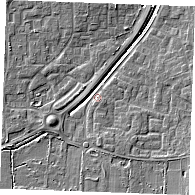 Shaded relief map of the ground around SS129SH, computed from Environment Agency LiDAR. The ground here sits at about 9 m above sea level and falls 7 m across the surrounding 800 m. Surface water reaching this point runs off ground lying to the south-south-east, 3.3 m higher.