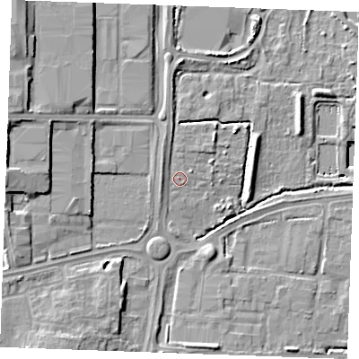 Shaded relief map of the ground around SS131BS, computed from Environment Agency LiDAR. The ground here sits at about 14 m above sea level and falls 12 m across the surrounding 800 m. Surface water reaching this point runs off ground lying to the west-south-west, 1.8 m higher.