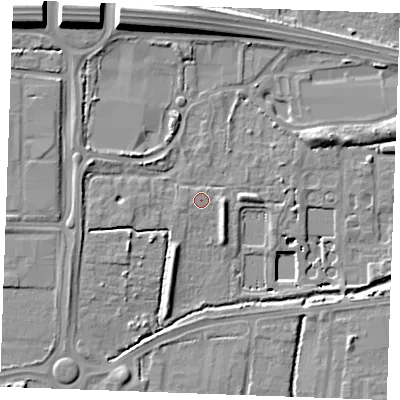 Shaded relief map of the ground around SS131BZ, computed from Environment Agency LiDAR. The ground here sits at about 13 m above sea level and falls 14 m across the surrounding 800 m. Surface water reaching this point runs off ground lying to the west-south-west, 1.0 m higher.