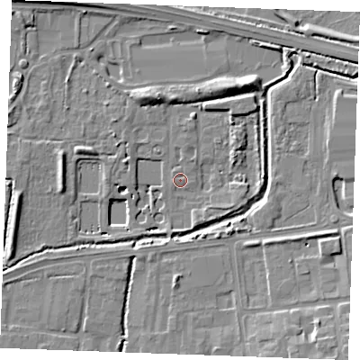 Shaded relief map of the ground around SS131DB, computed from Environment Agency LiDAR. The ground here sits at about 12 m above sea level and falls 10 m across the surrounding 800 m. Surface water reaching this point runs off ground lying to the west, 6.6 m higher.