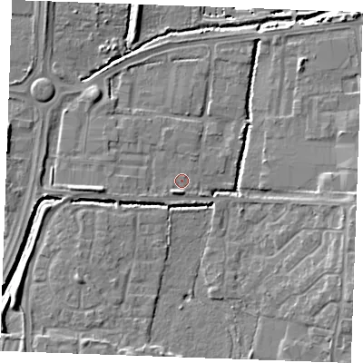 Shaded relief map of the ground around SS131DH, computed from Environment Agency LiDAR. The ground here sits at about 14 m above sea level and falls 8 m across the surrounding 800 m. Surface water reaching this point runs off ground lying to the west, 2.8 m higher.