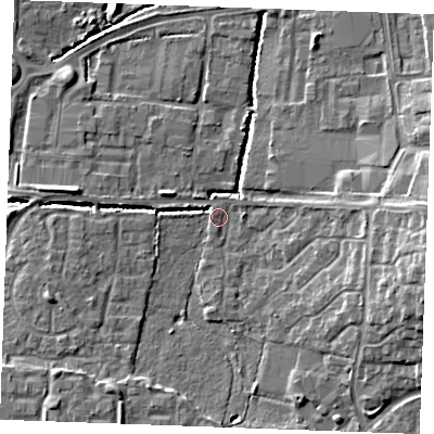 Shaded relief map of the ground around SS131DR, computed from Environment Agency LiDAR. The ground here sits at about 13 m above sea level and falls 9 m across the surrounding 800 m. Surface water reaching this point runs off ground lying to the east-south-east, 8.2 m higher.