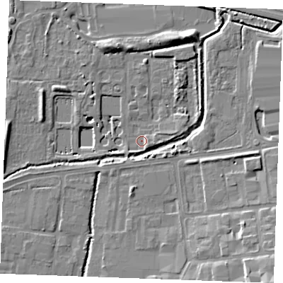 Shaded relief map of the ground around SS131FL, computed from Environment Agency LiDAR. The ground here sits at about 12 m above sea level and falls 14 m across the surrounding 800 m. Surface water reaching this point runs off ground lying to the east-north-east, 3.8 m higher.