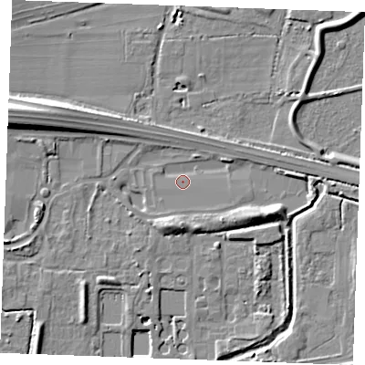 Shaded relief map of the ground around SS131GS, computed from Environment Agency LiDAR. The ground here sits at about 12 m above sea level and falls 12 m across the surrounding 800 m. Surface water reaching this point runs off ground lying to the south-south-west, 4.9 m higher.