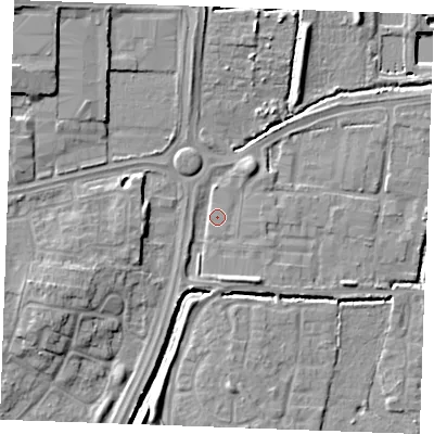 Shaded relief map of the ground around SS131LE, computed from Environment Agency LiDAR. The ground here sits at about 14 m above sea level and falls 11 m across the surrounding 800 m. Surface water reaching this point runs off ground lying to the north-east, 1.8 m higher.