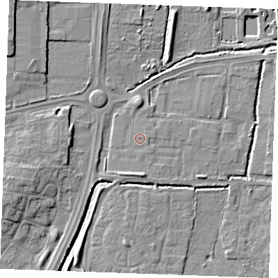 Shaded relief map of the ground around SS131LJ, computed from Environment Agency LiDAR. The ground here sits at about 14 m above sea level and falls 11 m across the surrounding 800 m. The ground contributing surface water to this point lies to the east.