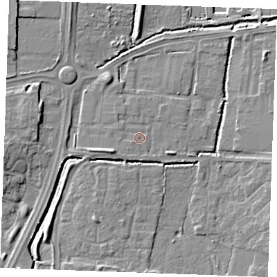 Shaded relief map of the ground around SS131LN, computed from Environment Agency LiDAR. The ground here sits at about 14 m above sea level and falls 10 m across the surrounding 800 m. Surface water reaching this point runs off ground lying to the west-south-west, 2.5 m higher.