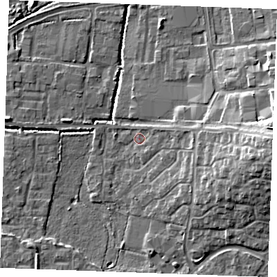 Shaded relief map of the ground around SS131QR, computed from Environment Agency LiDAR. The ground here sits at about 13 m above sea level and falls 14 m across the surrounding 800 m. Surface water reaching this point runs off ground lying to the east, 11.7 m higher.