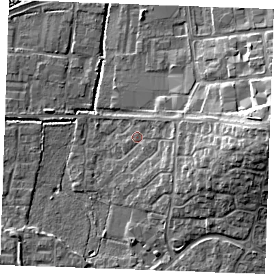 Shaded relief map of the ground around SS131QS, computed from Environment Agency LiDAR. The ground here sits at about 14 m above sea level and falls 15 m across the surrounding 800 m. Surface water reaching this point runs off ground lying to the east, 2.9 m higher.