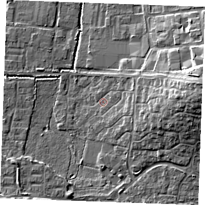 Shaded relief map of the ground around SS131QT, computed from Environment Agency LiDAR. The ground here sits at about 14 m above sea level and falls 15 m across the surrounding 800 m. Surface water reaching this point runs off ground lying to the east-north-east, 3.3 m higher.