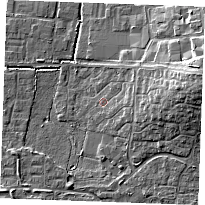 Shaded relief map of the ground around SS131QU, computed from Environment Agency LiDAR. The ground here sits at about 14 m above sea level and falls 15 m across the surrounding 800 m. Surface water reaching this point runs off ground lying to the east, 9.4 m higher.