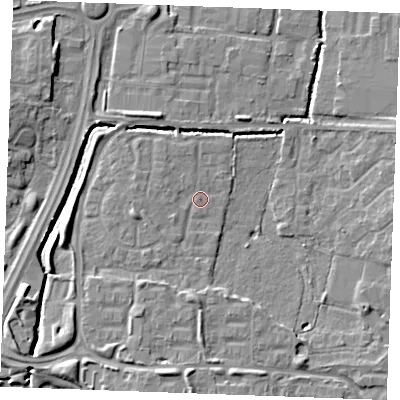 Shaded relief map of the ground around SS131RD, computed from Environment Agency LiDAR. The ground here sits at about 14 m above sea level and falls 8 m across the surrounding 800 m. Surface water reaching this point runs off ground lying to the west-south-west, 2.4 m higher.