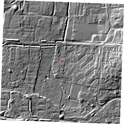Shaded relief map of the ground around SS131RT, computed from Environment Agency LiDAR. The ground here sits at about 13 m above sea level and falls 10 m across the surrounding 800 m. Surface water reaching this point runs off ground lying to the east, 8.8 m higher.