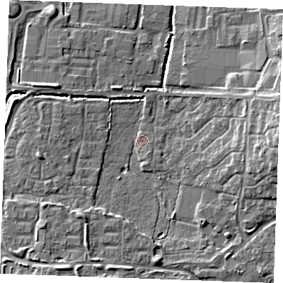 Shaded relief map of the ground around SS131RU, computed from Environment Agency LiDAR. The ground here sits at about 13 m above sea level and falls 9 m across the surrounding 800 m. Surface water reaching this point runs off ground lying to the east, 7.4 m higher.