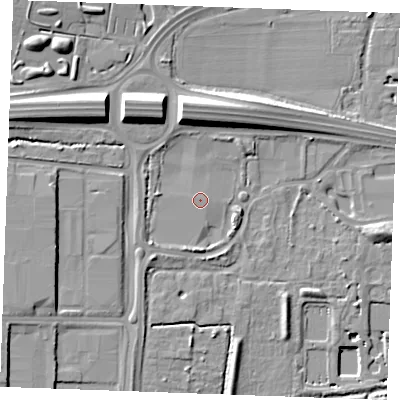 Shaded relief map of the ground around SS131SA, computed from Environment Agency LiDAR. The ground here sits at about 14 m above sea level and falls 14 m across the surrounding 800 m. The ground contributing surface water to this point lies to the west-south-west.