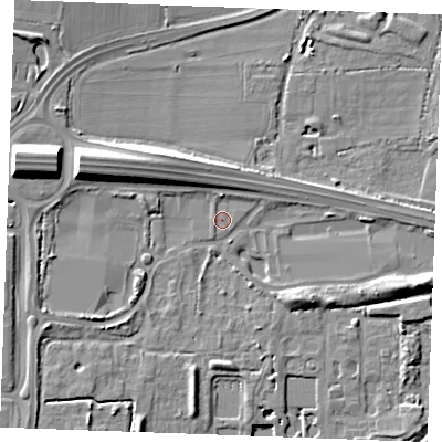 Shaded relief map of the ground around SS131SS, computed from Environment Agency LiDAR. The ground here sits at about 12 m above sea level and falls 14 m across the surrounding 800 m. Surface water reaching this point runs off ground lying to the west-north-west, 0.6 m higher.