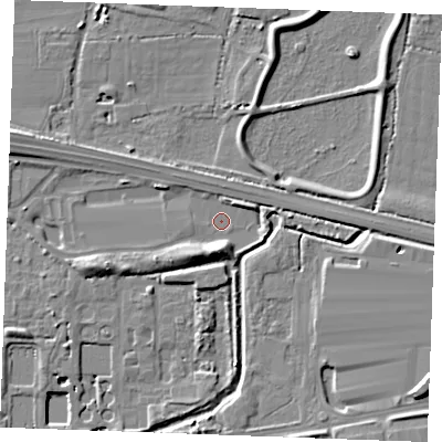 Shaded relief map of the ground around SS131TN, computed from Environment Agency LiDAR. The ground here sits at about 11 m above sea level and falls 9 m across the surrounding 800 m. Surface water reaching this point runs off ground lying to the south, 5.8 m higher.
