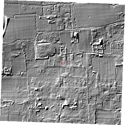 Shaded relief map of the ground around SS132LY, computed from Environment Agency LiDAR. The ground here sits at about 14 m above sea level and falls 6 m across the surrounding 800 m. Surface water reaching this point runs off ground lying to the west-north-west, 0.8 m higher.