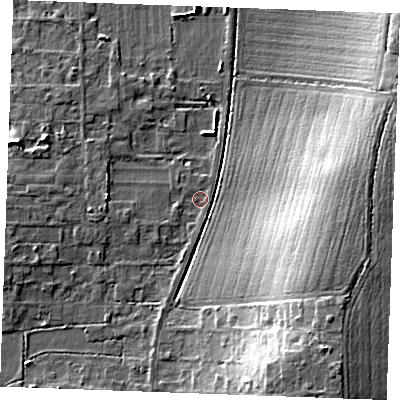Shaded relief map of the ground around SS132NA, computed from Environment Agency LiDAR. The ground here sits at about 15 m above sea level and falls 16 m across the surrounding 800 m. Surface water reaching this point runs off ground lying to the south-east, 14.2 m higher.