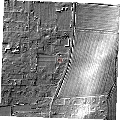 Shaded relief map of the ground around SS132NB, computed from Environment Agency LiDAR. The ground here sits at about 15 m above sea level and falls 17 m across the surrounding 800 m. Surface water reaching this point runs off ground lying to the south-east, 14.3 m higher.