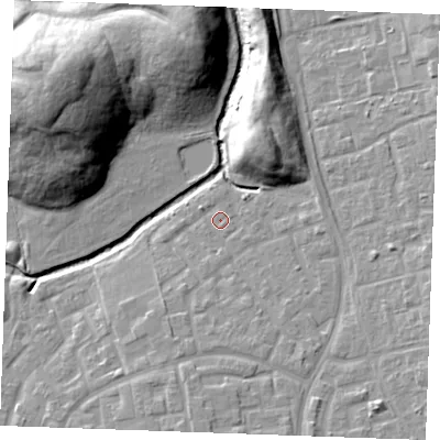 Shaded relief map of the ground around SS142DN, computed from Environment Agency LiDAR. The ground here sits at about 23 m above sea level and falls 26 m across the surrounding 800 m. Surface water reaching this point runs off ground lying to the south, 1.6 m higher.