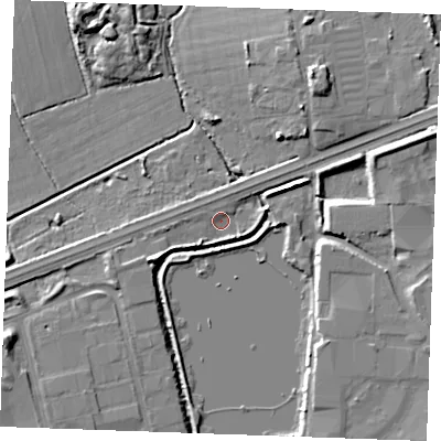 Shaded relief map of the ground around SS143AU, computed from Environment Agency LiDAR. The ground here sits at about 20 m above sea level and falls 9 m across the surrounding 800 m. Surface water reaching this point runs off ground lying to the west-south-west, 5.4 m higher.
