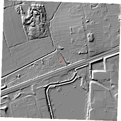 Shaded relief map of the ground around SS143DN, computed from Environment Agency LiDAR. The ground here sits at about 20 m above sea level and falls 9 m across the surrounding 800 m. Surface water reaching this point runs off ground lying to the south-south-west, 3.7 m higher.