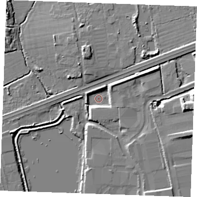 Shaded relief map of the ground around SS143UG, computed from Environment Agency LiDAR. The ground here sits at about 20 m above sea level and falls 15 m across the surrounding 800 m. Surface water reaching this point runs off ground lying to the north-east, 5.6 m higher.