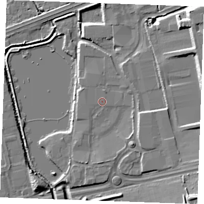 Shaded relief map of the ground around SS143WB, computed from Environment Agency LiDAR. The ground here sits at about 24 m above sea level and falls 15 m across the surrounding 800 m. The ground contributing surface water to this point lies to the north-east.