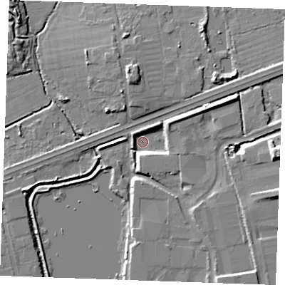 Shaded relief map of the ground around SS143WQ, computed from Environment Agency LiDAR. The ground here sits at about 20 m above sea level and falls 14 m across the surrounding 800 m. Surface water reaching this point runs off ground lying to the east-north-east, 5.6 m higher.