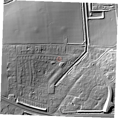 Shaded relief map of the ground around SS154AJ, computed from Environment Agency LiDAR. The ground here sits at about 28 m above sea level and falls 15 m across the surrounding 800 m. Surface water reaching this point runs off ground lying to the west, 7.4 m higher.