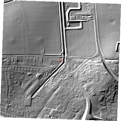 Shaded relief map of the ground around SS154BU, computed from Environment Agency LiDAR. The ground here sits at about 26 m above sea level and falls 15 m across the surrounding 800 m. Surface water reaching this point runs off ground lying to the east-south-east, 12.4 m higher.