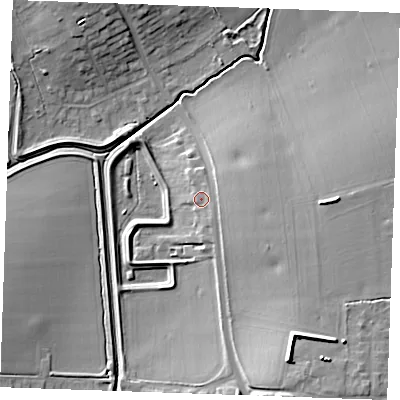 Shaded relief map of the ground around SS154DE, computed from Environment Agency LiDAR. The ground here sits at about 29 m above sea level and falls 17 m across the surrounding 800 m. Surface water reaching this point runs off ground lying to the east-north-east, 1.9 m higher.