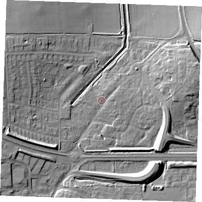 Shaded relief map of the ground around SS154DH, computed from Environment Agency LiDAR. The ground here sits at about 28 m above sea level and falls 14 m across the surrounding 800 m. Surface water reaching this point runs off ground lying to the east, 2.3 m higher.