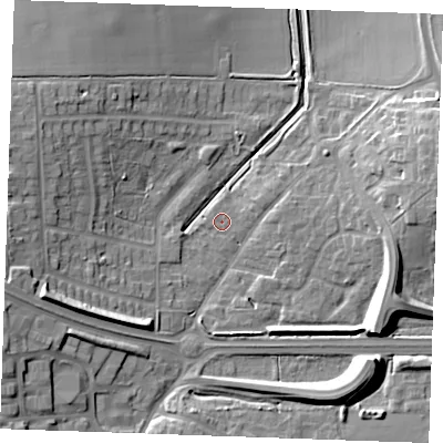Shaded relief map of the ground around SS154DJ, computed from Environment Agency LiDAR. The ground here sits at about 28 m above sea level and falls 14 m across the surrounding 800 m. Surface water reaching this point runs off ground lying to the east, 0.8 m higher.