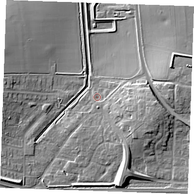 Shaded relief map of the ground around SS154FA, computed from Environment Agency LiDAR. The ground here sits at about 28 m above sea level and falls 15 m across the surrounding 800 m. Surface water reaching this point runs off ground lying to the east-south-east, 10.4 m higher.
