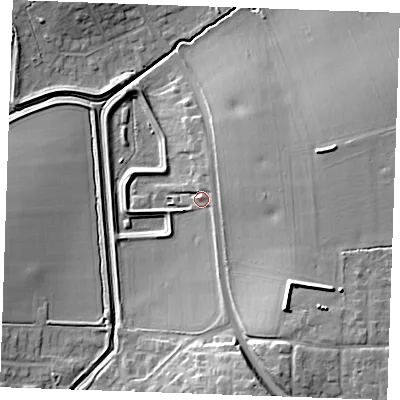 Shaded relief map of the ground around SS154FL, computed from Environment Agency LiDAR. The ground here sits at about 28 m above sea level and falls 16 m across the surrounding 800 m. Surface water reaching this point runs off ground lying to the north-east, 3.4 m higher.