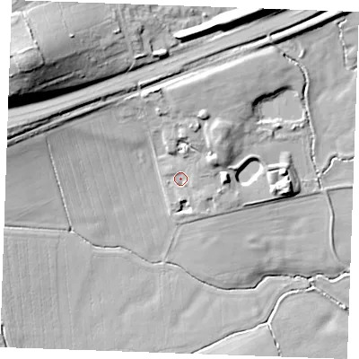 Shaded relief map of the ground around SS164QG, computed from Environment Agency LiDAR. The ground here sits at about 6 m above sea level and falls 29 m across the surrounding 800 m. Surface water reaching this point runs off ground lying to the north-north-east, 6.1 m higher.