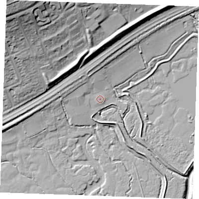 Shaded relief map of the ground around SS164SP, computed from Environment Agency LiDAR. The ground here sits at about 5 m above sea level and falls 33 m across the surrounding 800 m. Surface water reaching this point runs off ground lying to the north-north-west, 4.0 m higher.