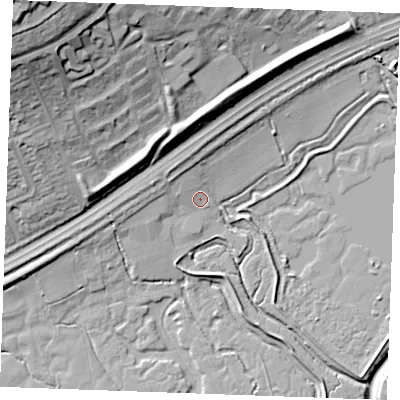 Shaded relief map of the ground around SS164SW, computed from Environment Agency LiDAR. The ground here sits at about 5 m above sea level and falls 36 m across the surrounding 800 m. Surface water reaching this point runs off ground lying to the north-west, 2.1 m higher.