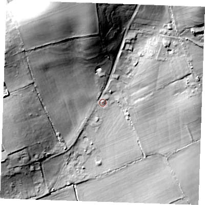 Shaded relief map of the ground around SS166JD, computed from Environment Agency LiDAR. The ground here sits at about 36 m above sea level and falls 54 m across the surrounding 800 m. Surface water reaching this point runs off ground lying to the north, 42.4 m higher.
