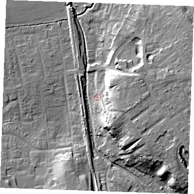 Shaded relief map of the ground around SS170DN, computed from Environment Agency LiDAR. The ground here sits at about 6 m above sea level and falls 18 m across the surrounding 800 m. Surface water reaching this point runs off ground lying to the east, 14.8 m higher.