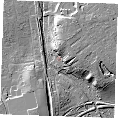 Shaded relief map of the ground around SS170DR, computed from Environment Agency LiDAR. The ground here sits at about 8 m above sea level and falls 18 m across the surrounding 800 m. Surface water reaching this point runs off ground lying to the north-north-east, 13.0 m higher.