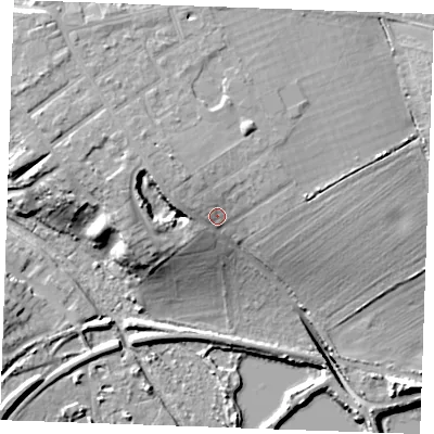 Shaded relief map of the ground around SS170EE, computed from Environment Agency LiDAR. The ground here sits at about 16 m above sea level and falls 18 m across the surrounding 800 m. Surface water reaching this point runs off ground lying to the west-north-west, 3.0 m higher.